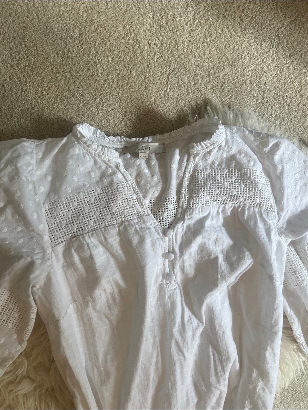 LOFT White Eyelet Peasant dress with Crochet Panels 100% cotton size ST